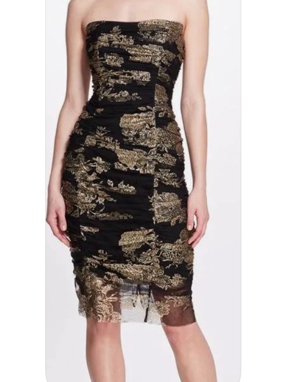 NWT MARCHESA NOTTE Strapless Black Dress with Gold Floral Lace Overlay